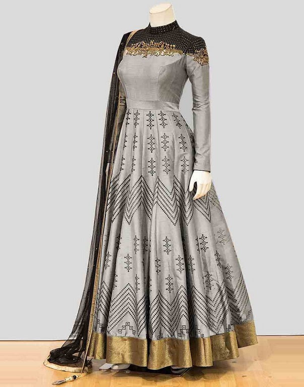 Stylist steel grey thai silk handworked partywear Anarkali suit