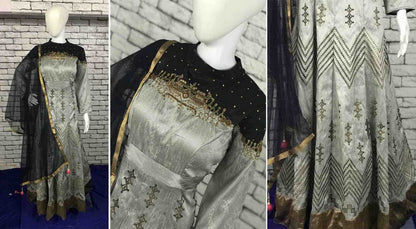 Stylist steel grey thai silk handworked partywear Anarkali suit