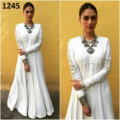 Stylist White Plain embroidered Party wear Anarkali Suit