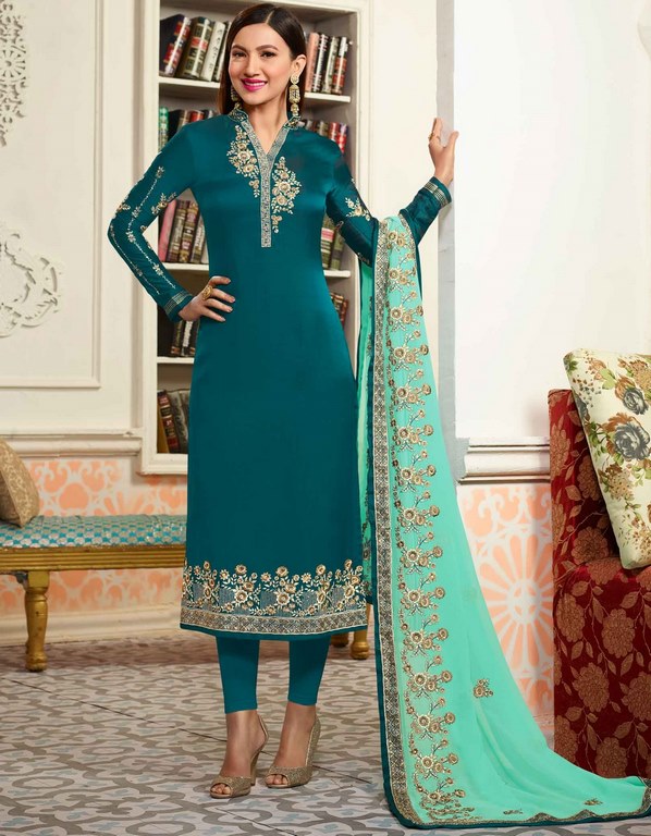 Teal Colored Georgette & Satin Digital Zari & Resham Embroidered Semi Stitched Salwar Suit