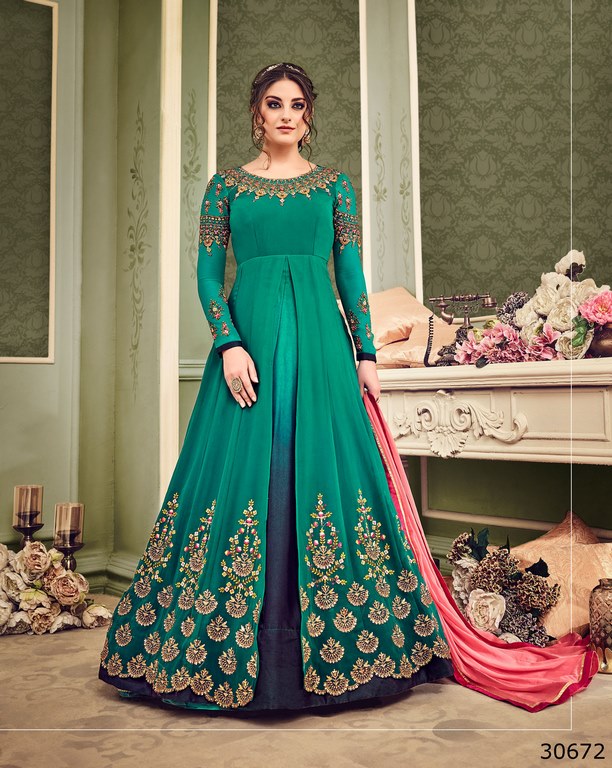 Teal Green & Navy Blue Colored Georgette Resham & Jari Embroidery With Stone Work Semi Stitched anarkali suit