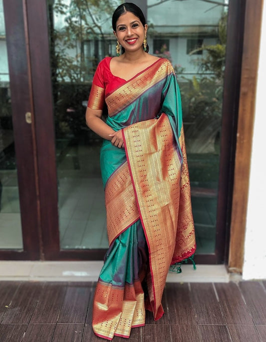 Teal green banarasi silk weaving work wedding saree