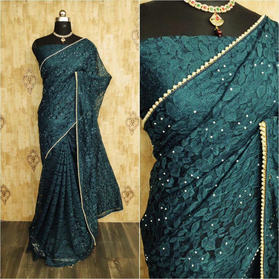 Teal green chantley net pearl work partywear saree