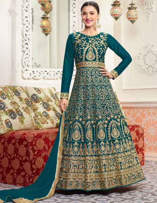 Teal Green Colored Mulburry Silk Digital Zari Embroidery and Moti Work Semi Stitched Gown