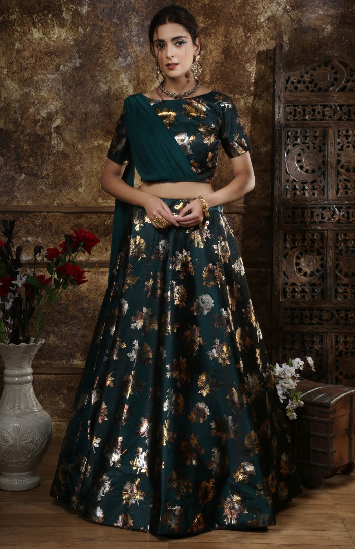 Teal green taffeta silk metalic foil printed partywear lehenga choli