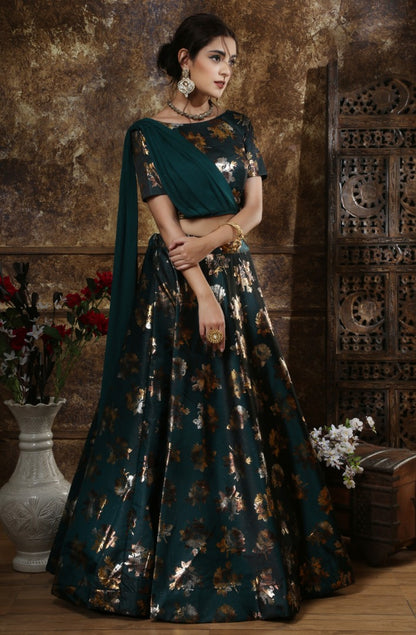 Teal green taffeta silk metalic foil printed partywear lehenga choli