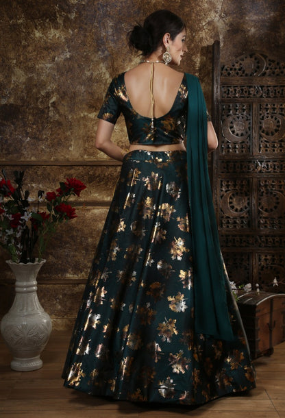 Teal green taffeta silk metalic foil printed partywear lehenga choli