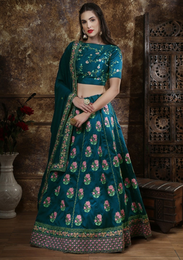 Teal green thai silk heavy designer embroidered wedding lehenga choli