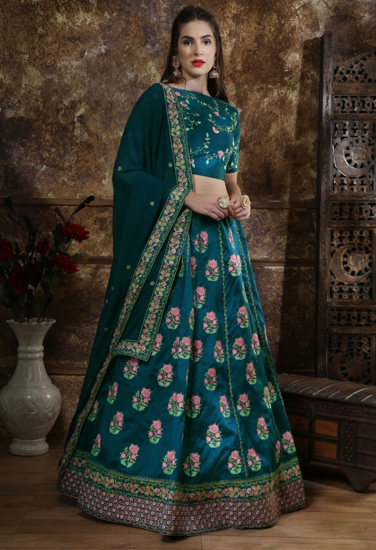 Teal green thai silk heavy designer embroidered wedding lehenga choli
