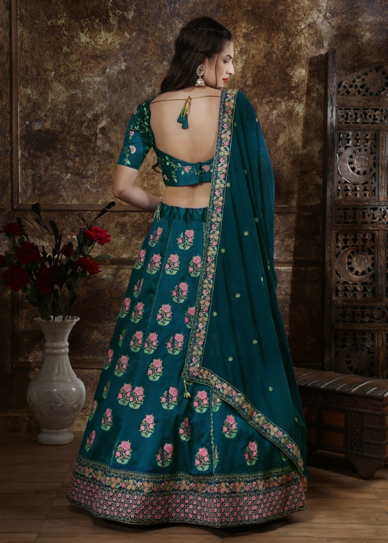 Teal green thai silk heavy designer embroidered wedding lehenga choli