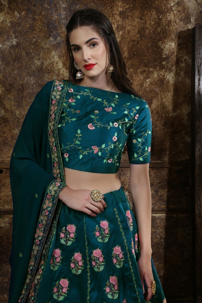 Teal green thai silk heavy designer embroidered wedding lehenga choli