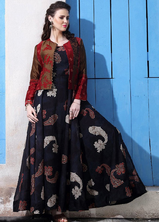Trendy black chanderi cotton gown with jacket