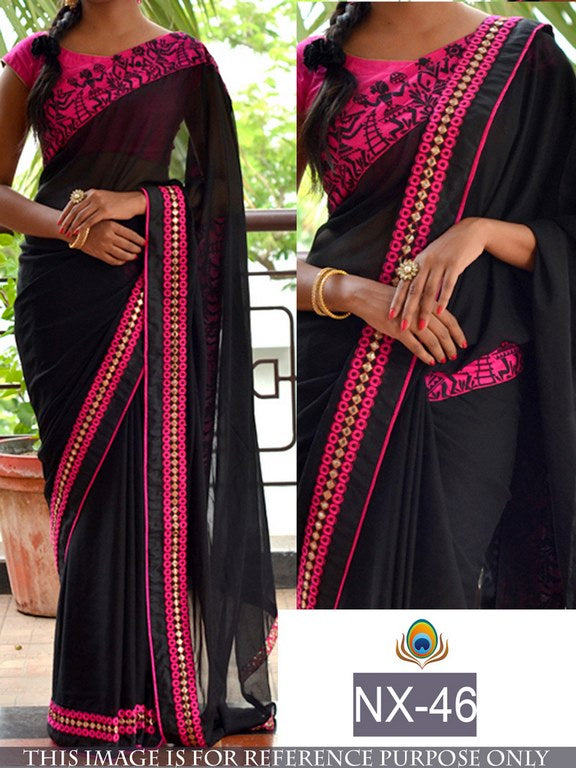 Trendy black lace work saree with pink blouse