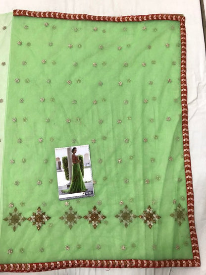Trendy green embroidered mono net wedding saree