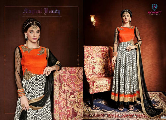 Trendy japan satin printed white and orange suit