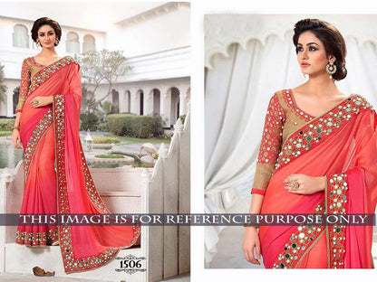 trendy orange and pink embroidered saree
