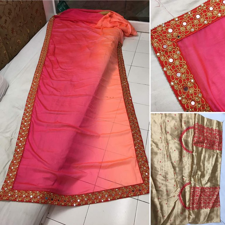 trendy orange and pink embroidered saree