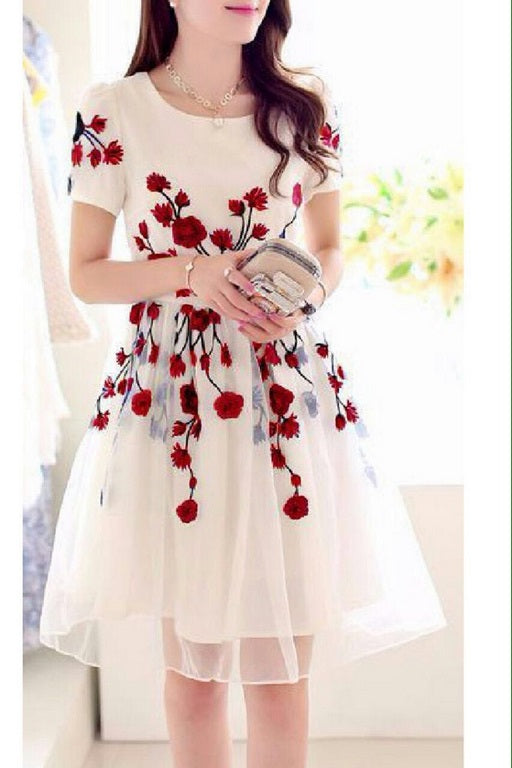 Trendy white red flower western dress