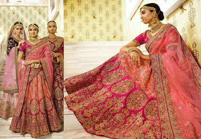 two shaded pink nylon silk heavy embroidered bridal lehenga
