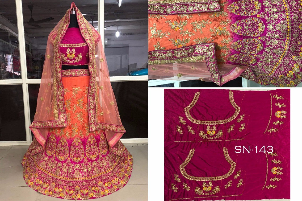 two shaded pink nylon silk heavy embroidered bridal lehenga