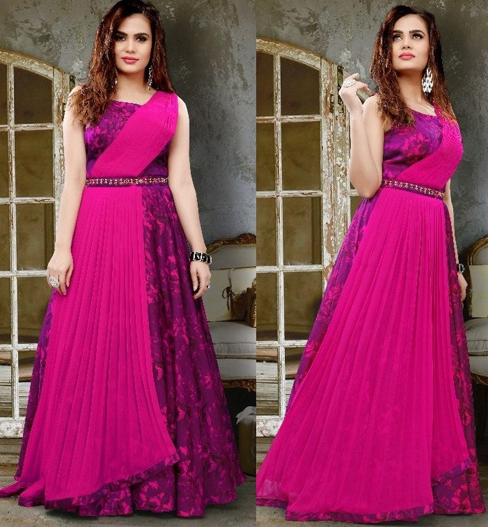 two tone satin silk digital printed heavy partywear gown