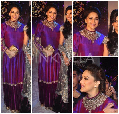 velvet and zoya silk purple designer bollywood partywear gown