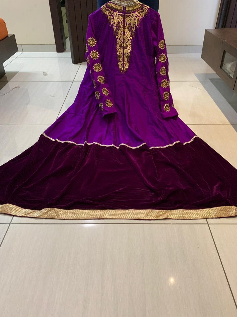 velvet and zoya silk purple designer bollywood partywear gown
