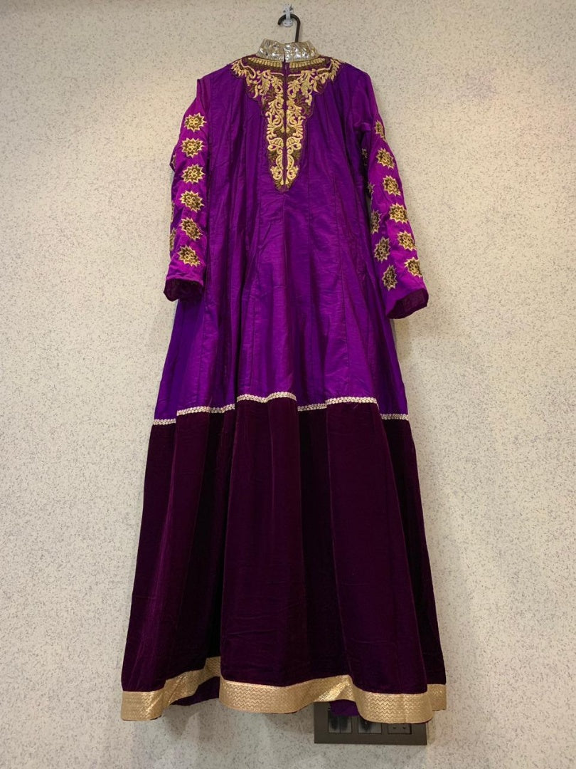 velvet and zoya silk purple designer bollywood partywear gown