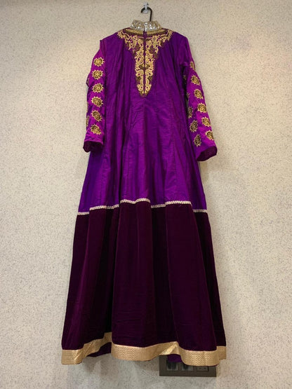 velvet and zoya silk purple designer bollywood partywear gown