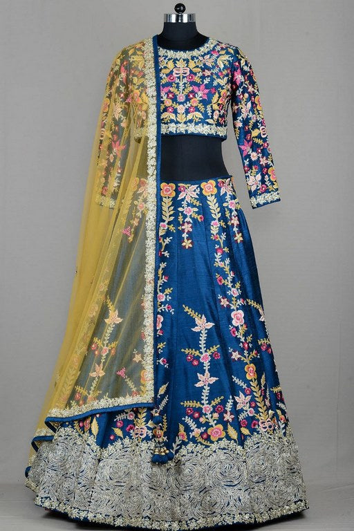 wedding wear heavy resham embroidered blue lehenga