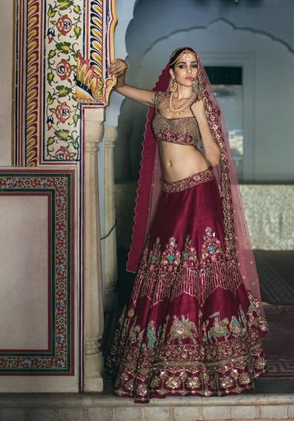 wedding wear wine maroon heavy embroidered bridal lehenga