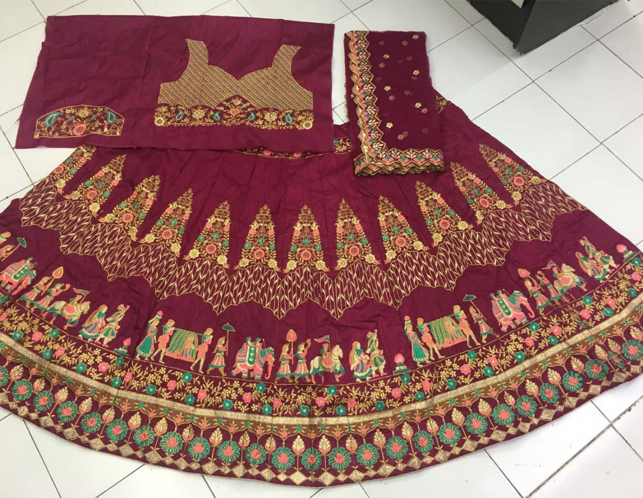 wedding wear wine maroon heavy embroidered bridal lehenga