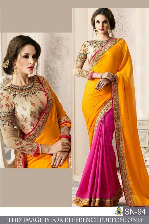 wedding wear yellow and pink half half embroidered saree