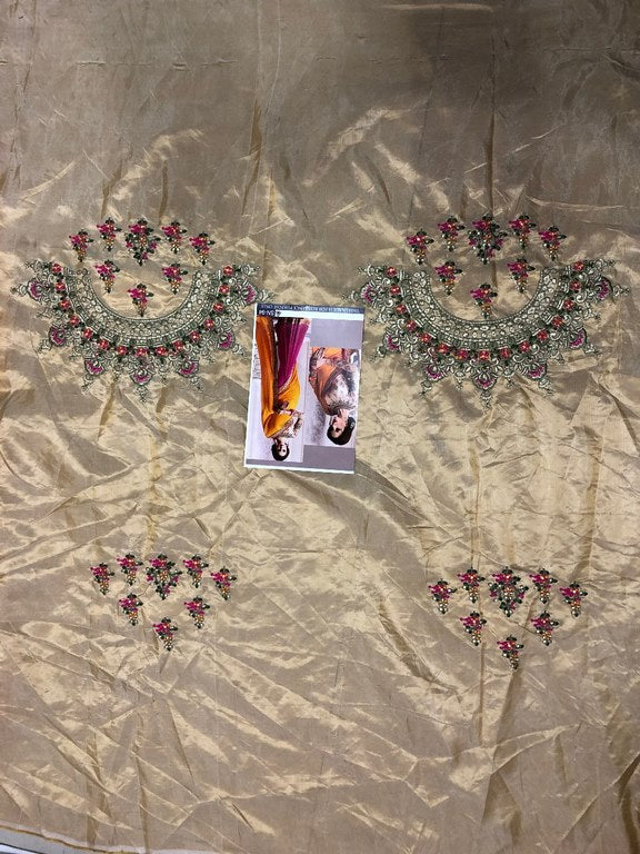 wedding wear yellow and pink half half embroidered saree