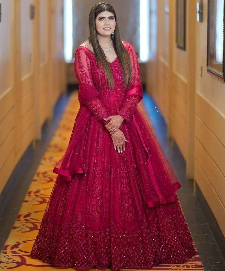 Whine georgette embroidered sequence with diamond work party wear gown