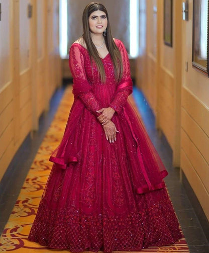 Whine georgette embroidered sequence with diamond work party wear gown