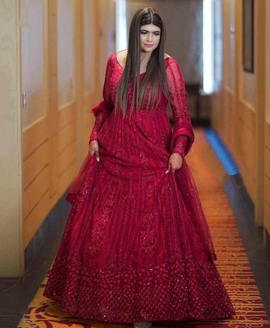 Whine georgette embroidered sequence with diamond work party wear gown