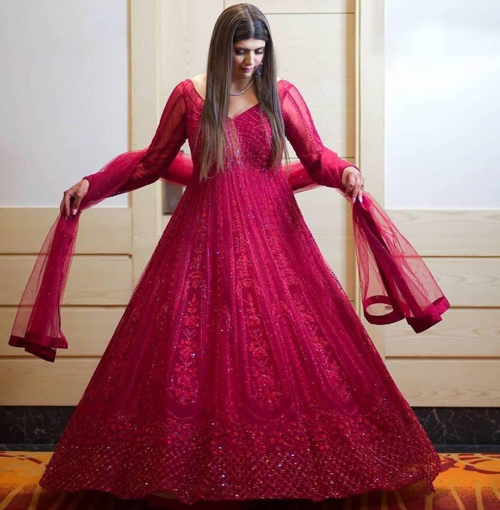 Whine georgette embroidered sequence with diamond work party wear gown