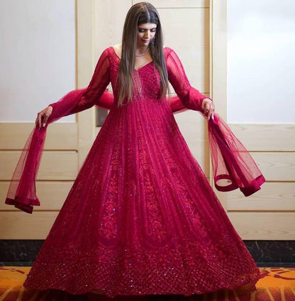 Whine georgette embroidered sequence with diamond work party wear gown