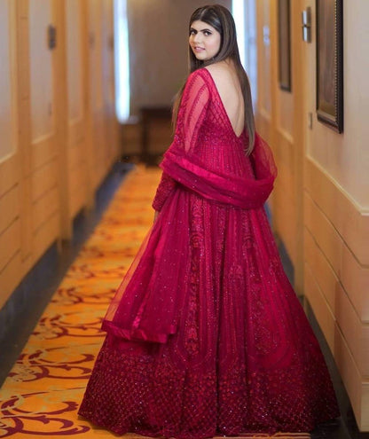 Whine georgette embroidered sequence with diamond work party wear gown