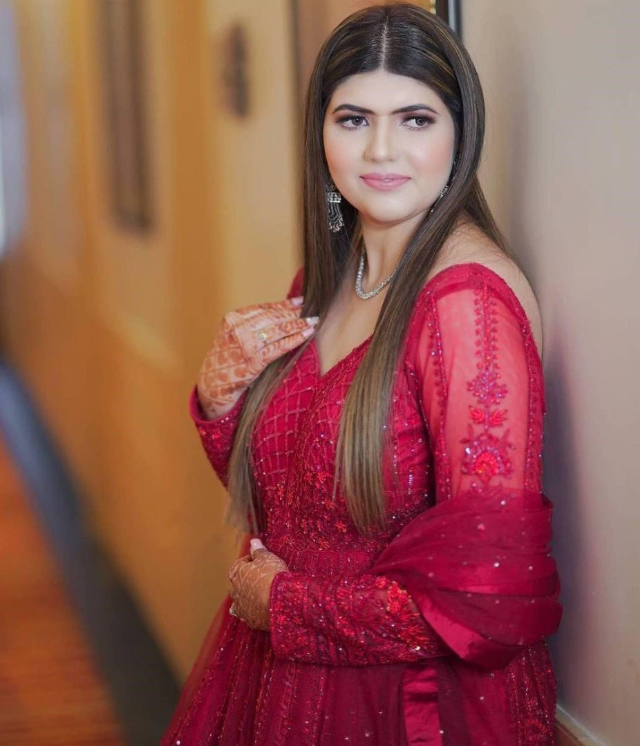 Whine georgette embroidered sequence with diamond work party wear gown