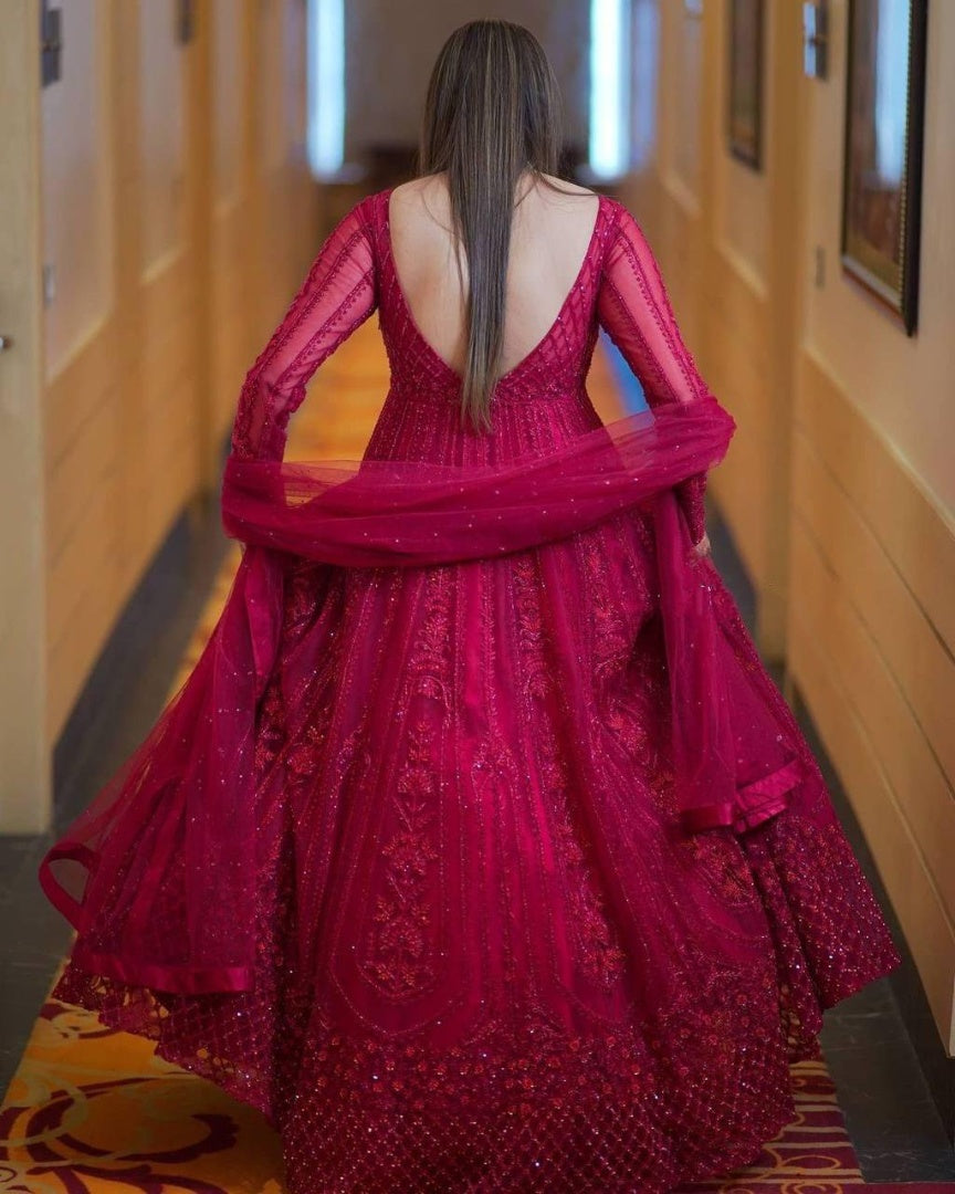 Whine georgette embroidered sequence with diamond work party wear gown