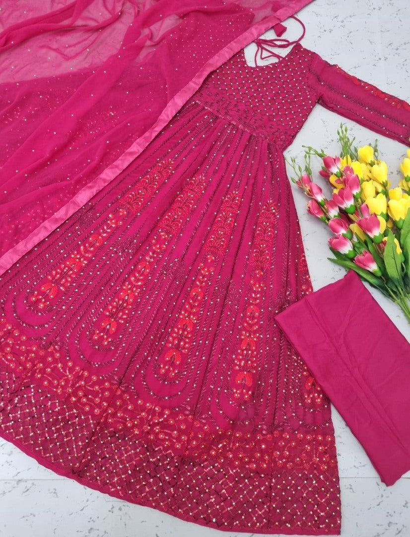 Whine georgette embroidered sequence with diamond work party wear gown