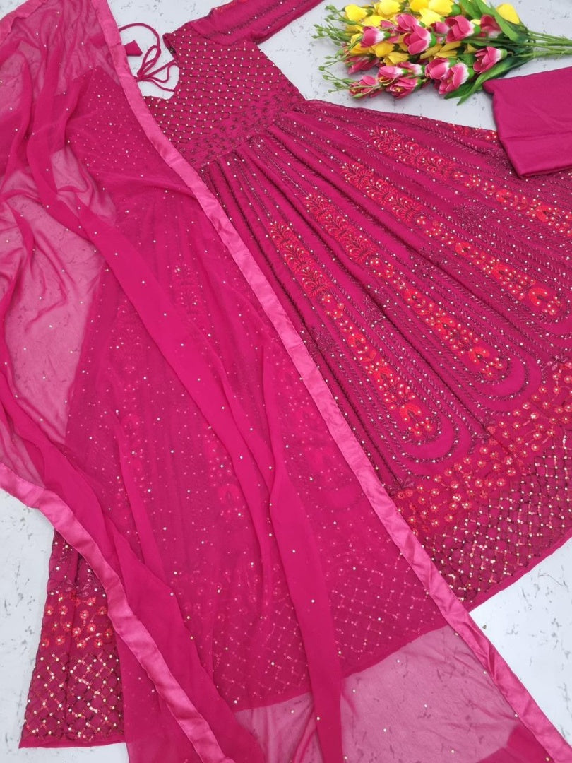 Whine georgette embroidered sequence with diamond work party wear gown