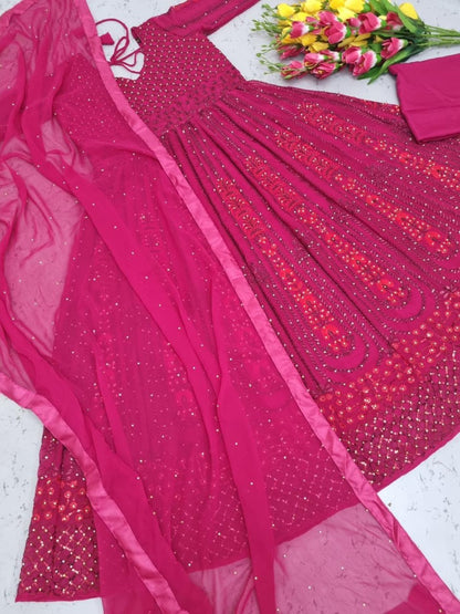 Whine georgette embroidered sequence with diamond work party wear gown