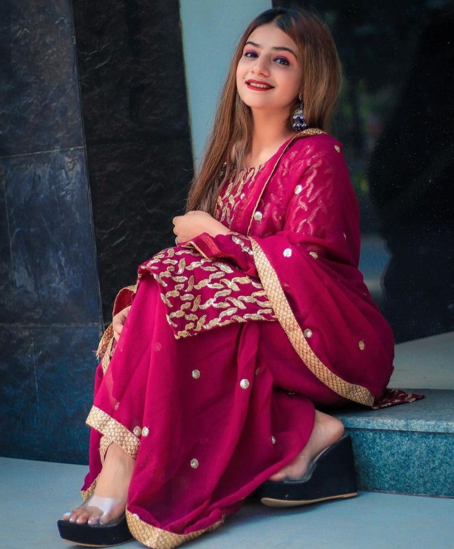 Whine georgette embroidered sequence work kurti with plazzo