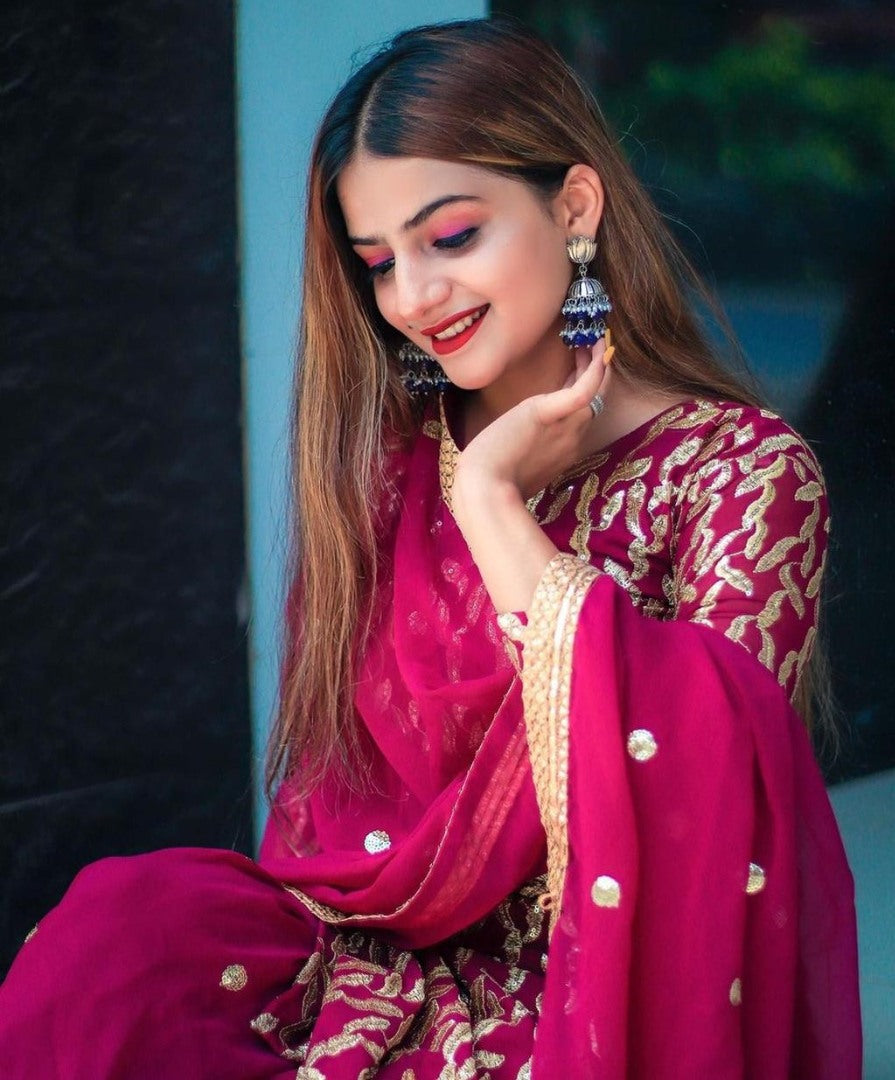 Whine georgette embroidered sequence work kurti with plazzo