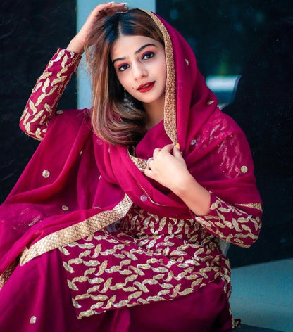 Whine georgette embroidered sequence work kurti with plazzo