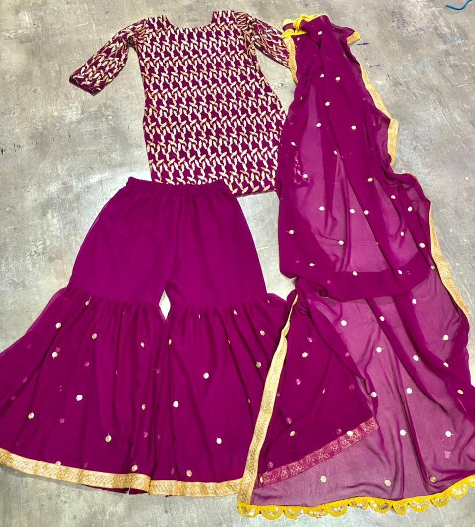 Whine georgette embroidered sequence work kurti with plazzo