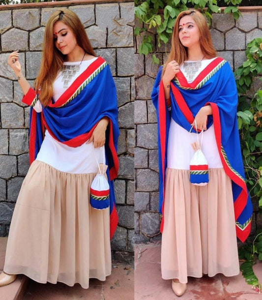 White and beige kurti with blue dupatta